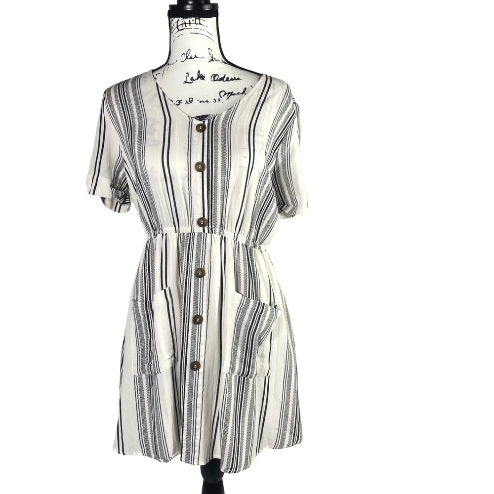 MINE Women's Striped Button Front‎ Mini Dress L Short Sleeve Elastic Waist
